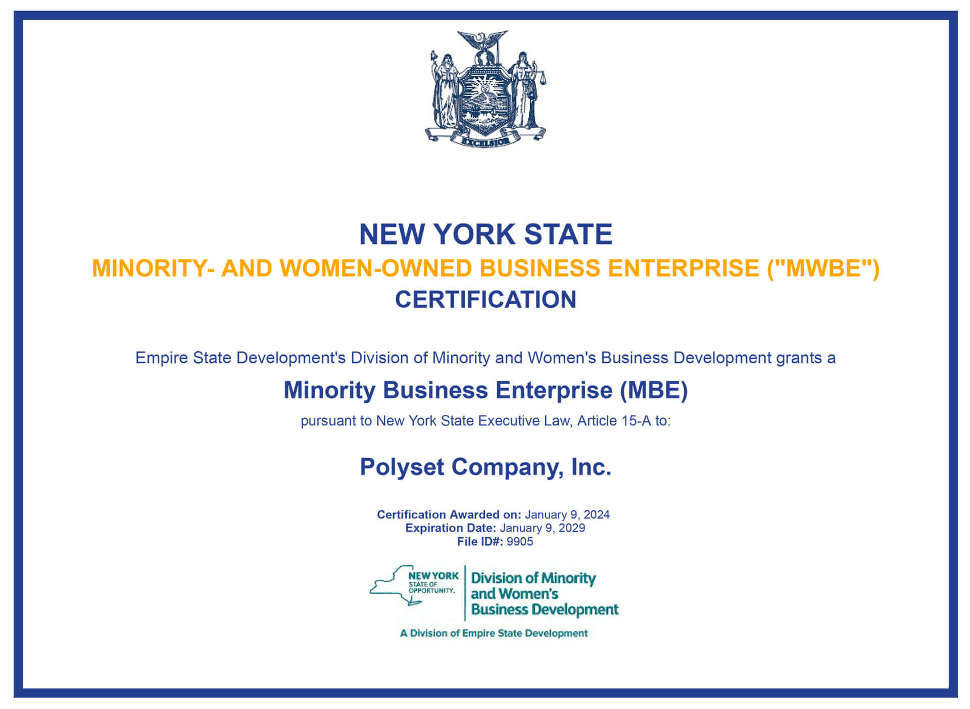 Polyset Minority-Owned Business Enterprise Certificate 2024